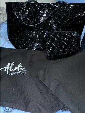 Aholic Lifestyle Black Patent Tote with Matching Pouch